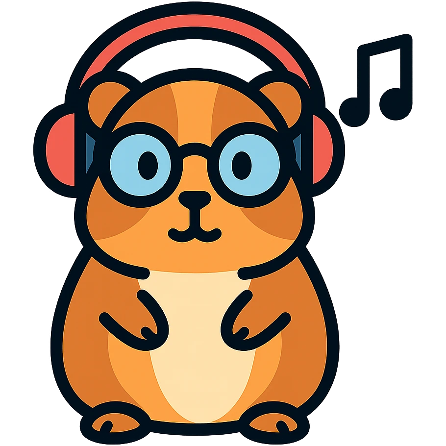 studious guinea pig with glasses wearing headphones and next to a music note, cute outlined colorful style emoji
