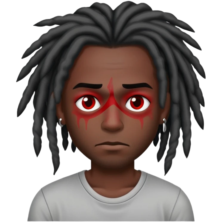 Dark skin tone gray short sleeve shirt black dreads red numb tattoo under his left eye emoji