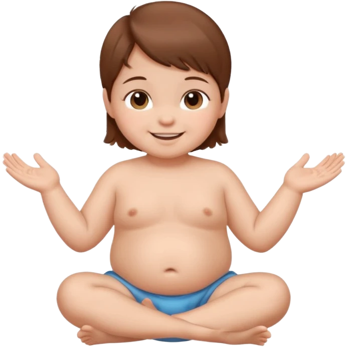 A smiling newborn with brown hair, sitting, moving its arms and hands. emoji