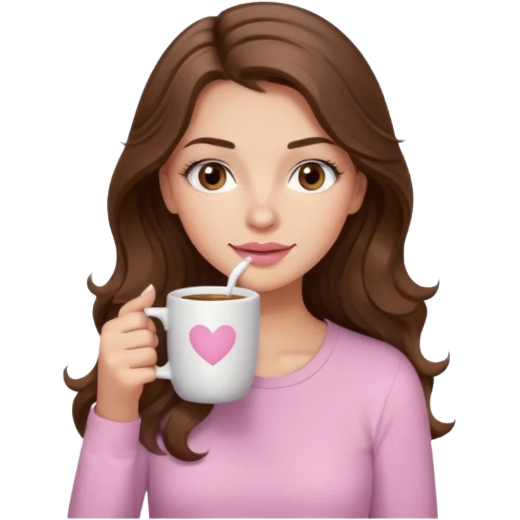 girl with wavy long brown hair, brown eyes, light to medium complexion, long lashes, light pink lipstick, wearing light pink shirt, sipping coffee emoji