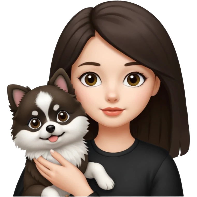 an brunette girl holding her pomeranian dog thats black and white but has white middle part in the face kinda looks like a panda emoji