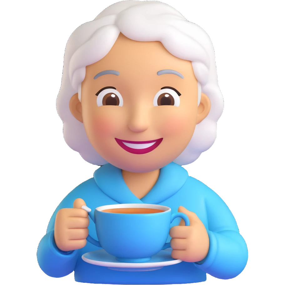 3D smiley emoji, round shape, grandmother with tea, light blue color, smiling face emoji
