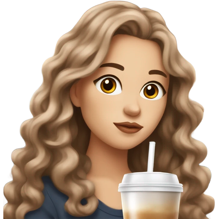 aesthetic white girl with brown wavy hair and brown eyes sipping an iced americano in a cute coffee shop  emoji