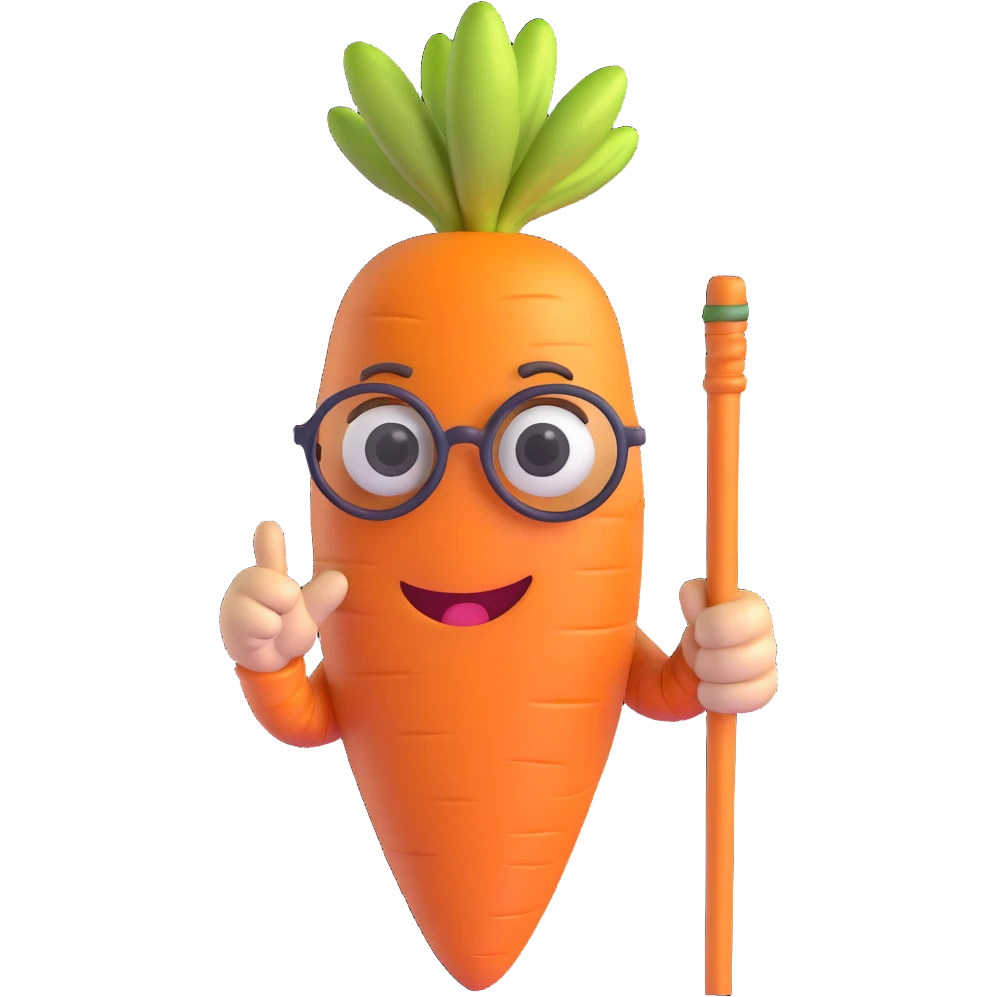 funny icon for archived groceries, very old wrinkled carrot with glasses and cane, silly expression, 3D emoji style, white background emoji