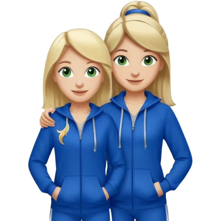 two girls smiling one has blond hair and green eyes and one is has dark brown hair and blue eyes they are wearing royal blue track suits emoji
