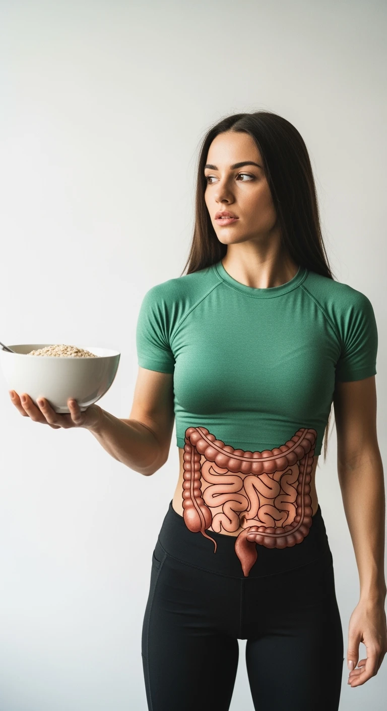 donna con bowl di avena in mano e intestino in evidenza, isolata su sfondo bianco emoji