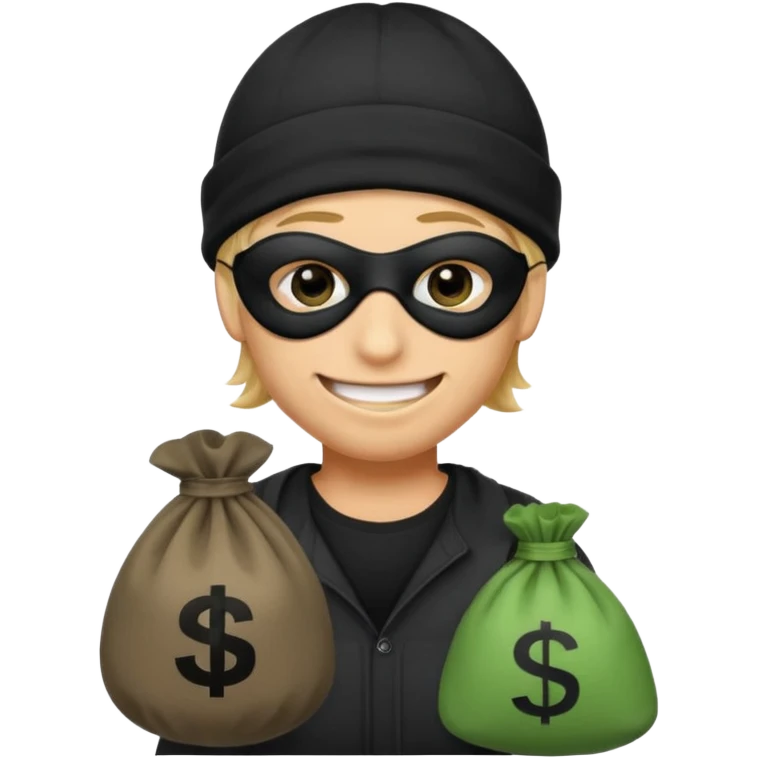 smiley robber wears black eye mask and black beanies with one money bag beside his right side emoji