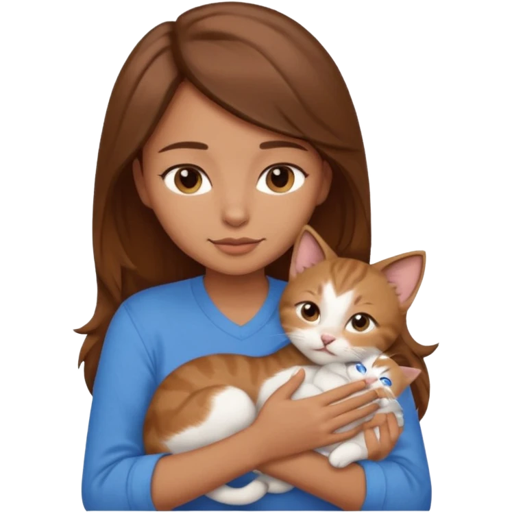 Create an emoji that has a girl wearing a blue shirt and brown hair snuggling a kitten. emoji