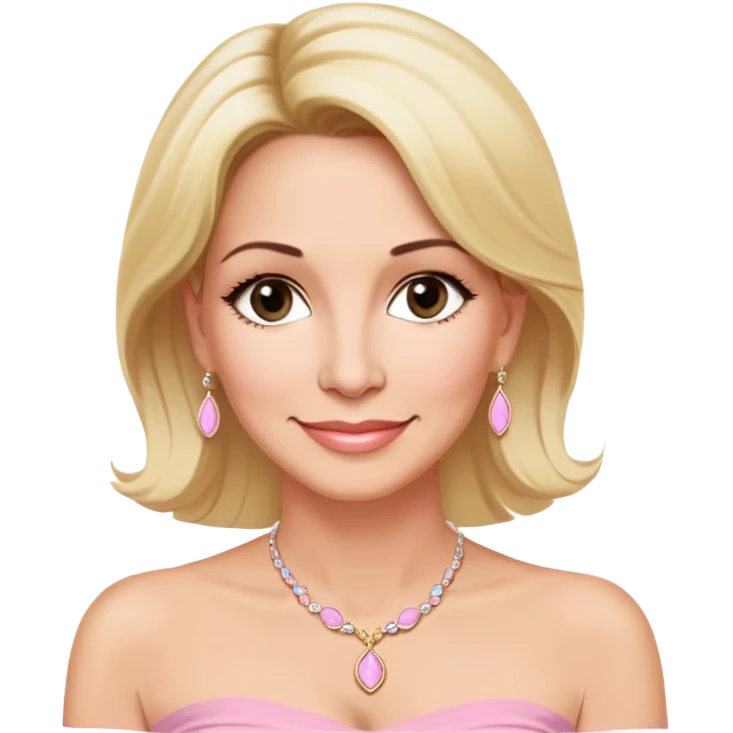 Linette Torres, 50-something Puerto Rican actress with fair complexion, kind-hearted expression, bright caring eyes, soft smile, blonde hair, wearing a light pink strapless top that sits below her shoulders and a simple elegant necklace emoji