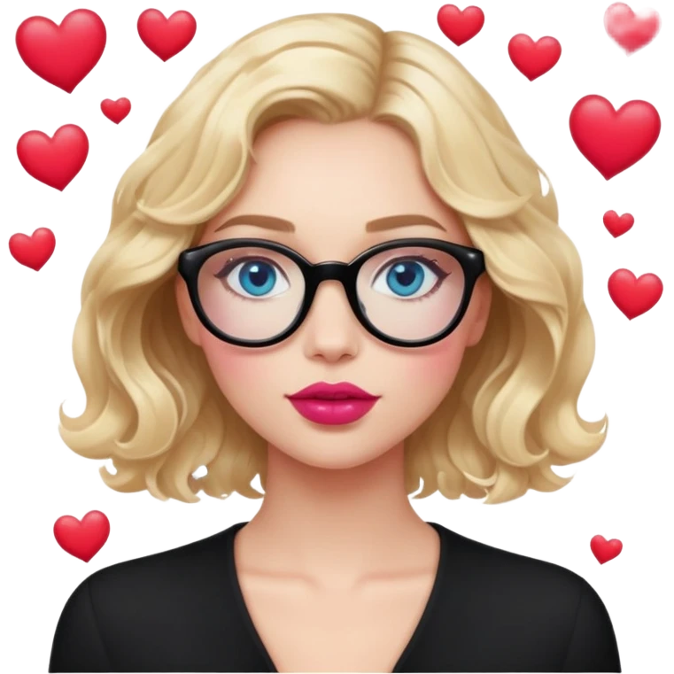 Blonde woman with short wavy hair, blue eyes and pink lips wearing black glasses, in love with read hearts floating above her emoji
