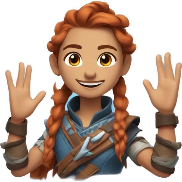 Aloy, waving goodbye, half-length, smiling emoji