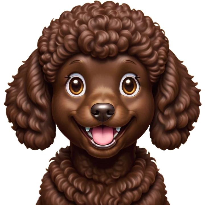 Cinematic Comical Chocolate Poodle Portrait Emoji, Head tilted dramatically with an exaggeratedly amused expression, featuring a glossy, curly chocolate Fur with a bouncy texture, wide, expressive brown eyes filled with playful disbelief, Simplified yet hilariously expressive features, highly detailed, glowing with a slightly sassy glow, high shine, dramatic yet playful, stylized with an air of cheeky mischief, bright and endearing, soft glowing outline, capturing the essence of a spirited and over-the-top companion, so meme-worthy it feels like it could side-eye its way into internet fame instantly! emoji