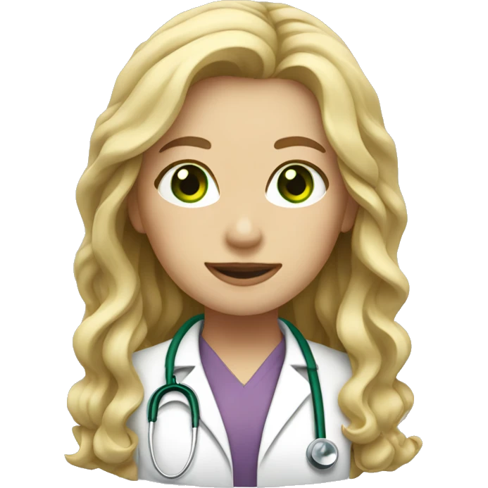 Female doctor with long blonde wavy hair and green eyes emoji