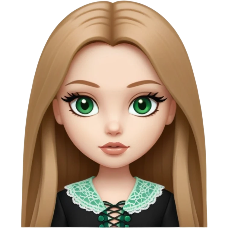 pretty bratz girl, long straight light brown hair, jade green eyes, black eyeliner, pale skin, dark feminine clothes with laces emoji