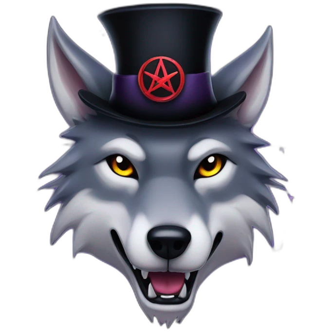demonic wolf with a pentagram top hat and a pentagram chain with a mysterious haunting night background emoji