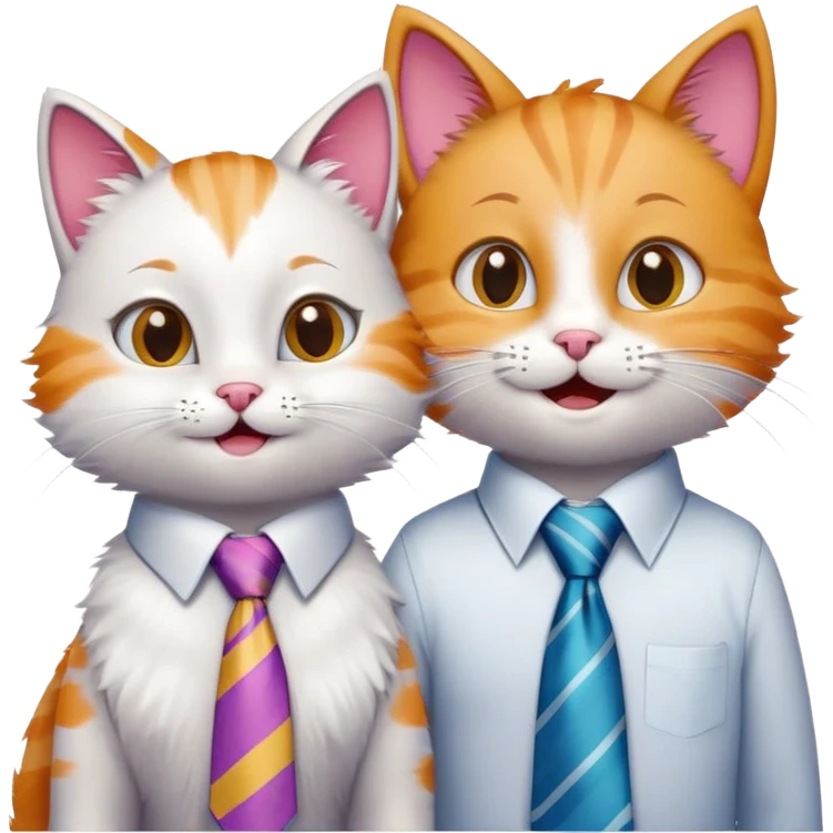 happy girl cat with eyelashes wearing a colorful necktie and happy boy cat wearing a professional necktie standing together side by side, both with cheerful expressions emoji