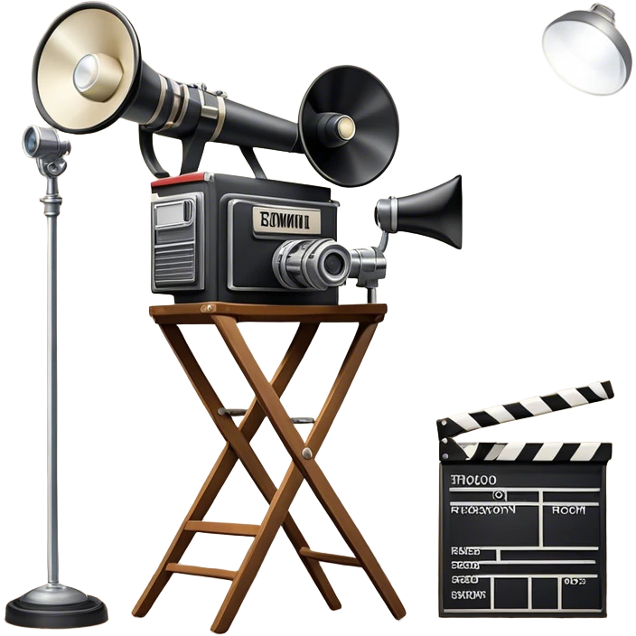 Icon for Directing: a director's chair, a film clapperboard, large movie camera, vintage megaphone and a stage with a spotlight. The icon should represent the creative and organizational aspects of directing, with focus on storytelling, staging, and performance. Transparent background. emoji
