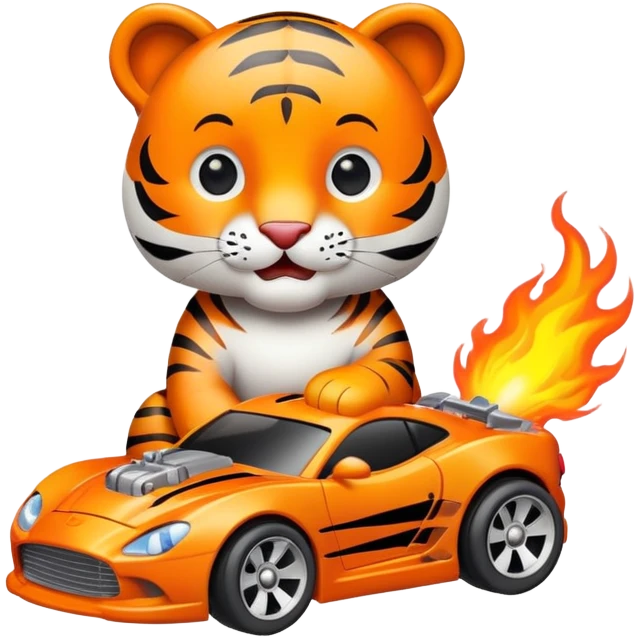 cute tiger holding toy hot wheel car with THE CAR wheels on fire emoji