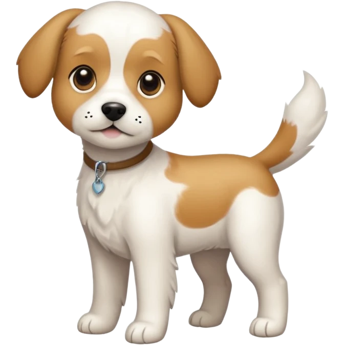 a full body white beagle x maltese x chi dog the size of a kelpie with light brown ears and a light brown patch on one eye emoji