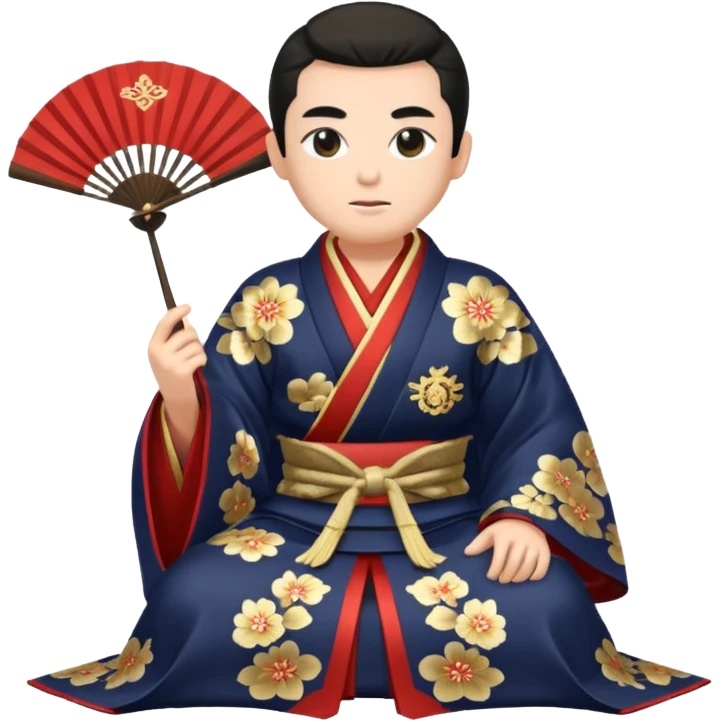 Wealthy warlord in ornate kimono, crest on chest, seated with fan in hand. emoji