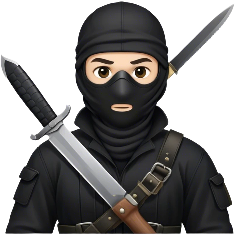Guy wearing all black with mask on his whole head showing his eyes only and has leather straps on his shoulders coming down and he has military knife with one hand emoji
