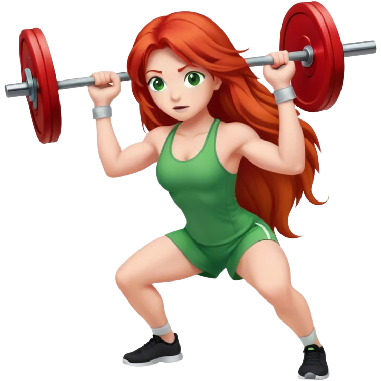 A long-haired red-haired girl with fair skin and green eyes is pressing the barbell emoji