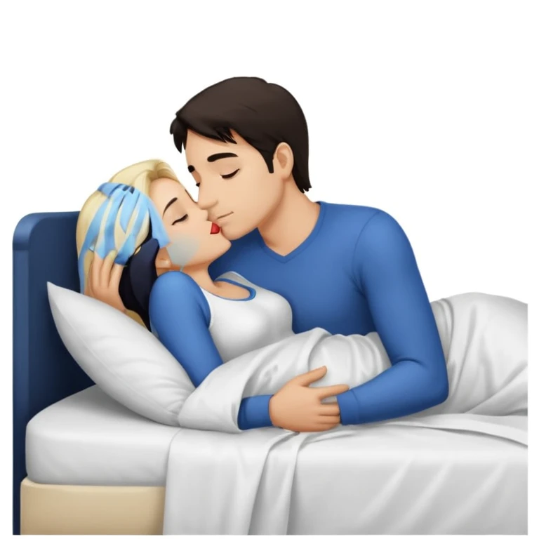 Naked man, dark Hair, kissing naked blonde Woman, bed,  emoji