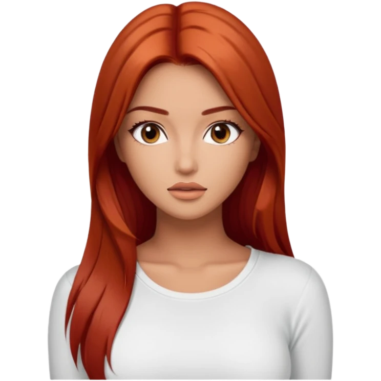 Beautiful woman model  large breasts  with brown  monolid round wide eyes tan skin long straight  red hair model white  top Kendal Jenner  emoji