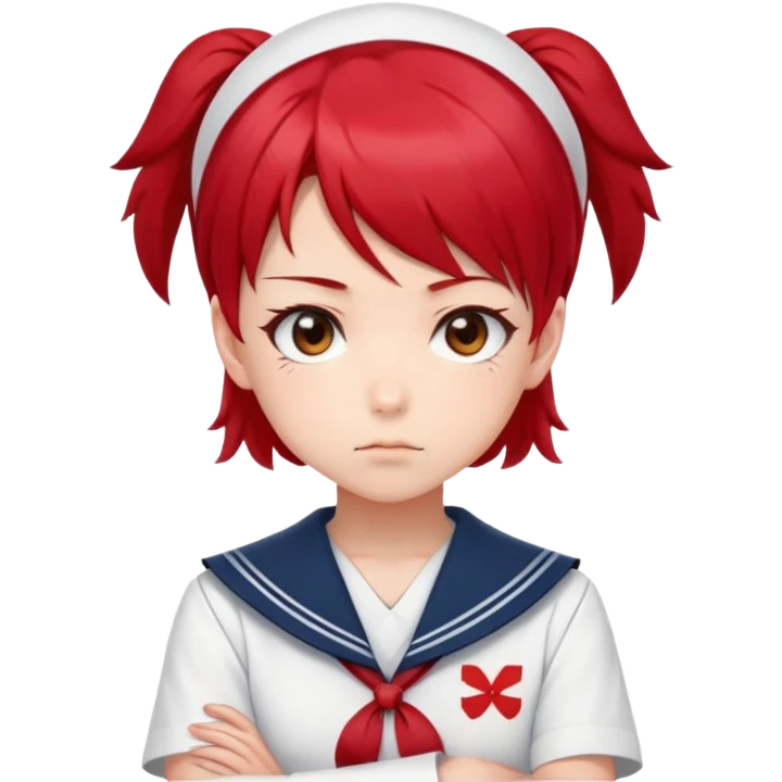 Serious anime girl with short bright red hair wearing Japanese sailor style school uniform, stern expression with arms crossed, focused and determined look emoji