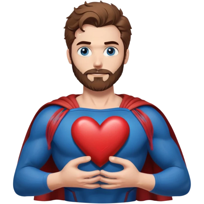 Adult-tall-full body- Superman-with redish brownish messy hair-full neatly trimmed beard-blue eyes-holding a heart with both hands emoji