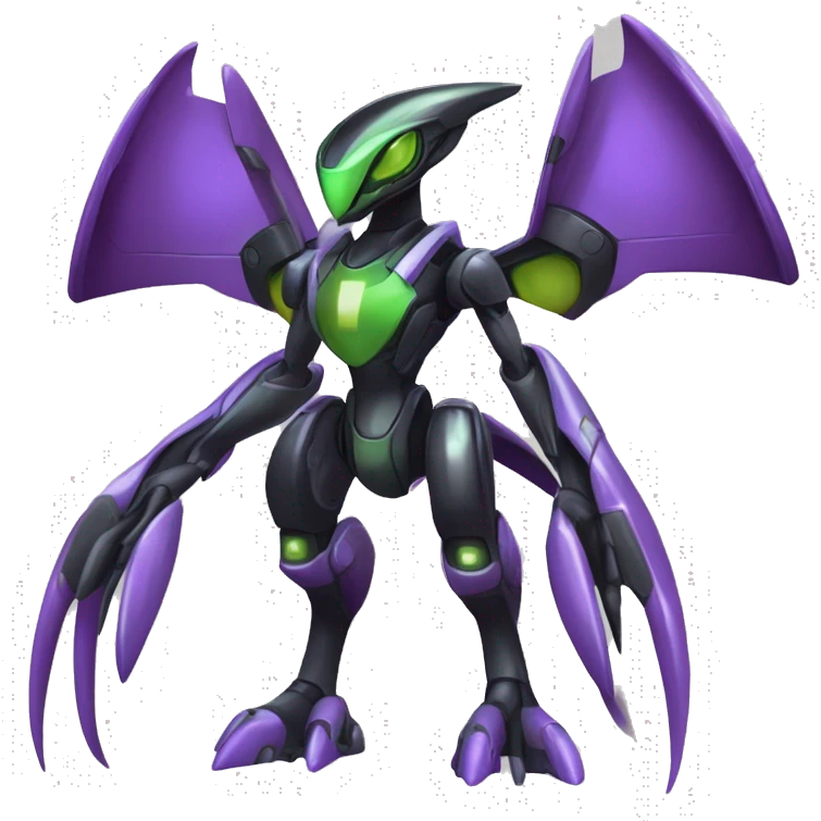 a shiny black-green-purple Genesect-Flygon-Raptor-Fakémon-Medabot-hybrid with a futuristic visor-helmet full body emoji
