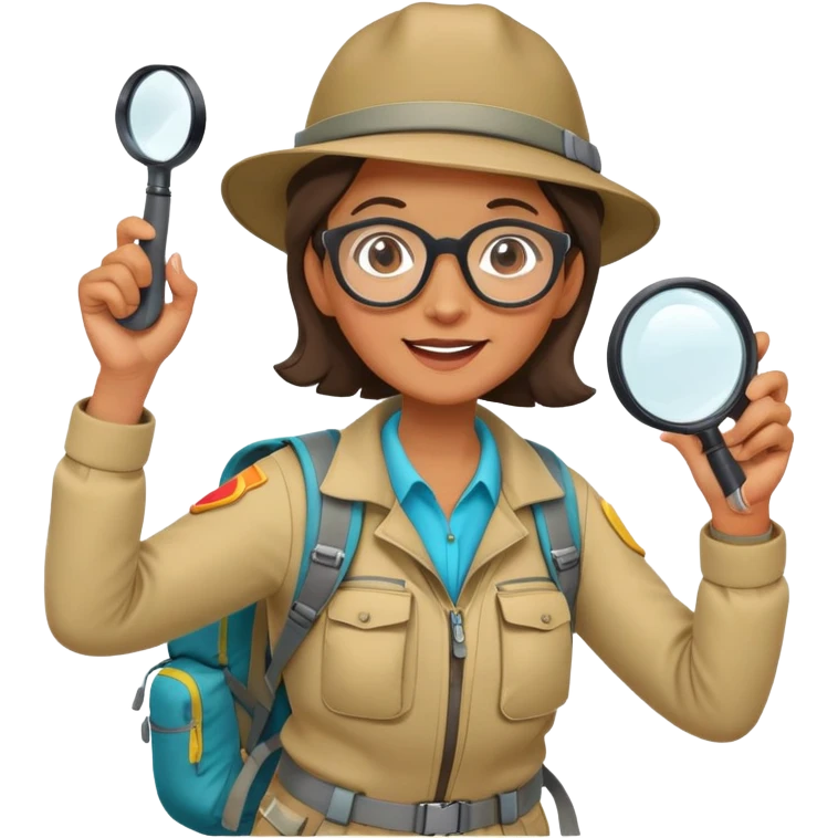 Middle-aged woman explorer with glasses in bright hiking gear and backpack, excitedly holding magnifying glass emoji
