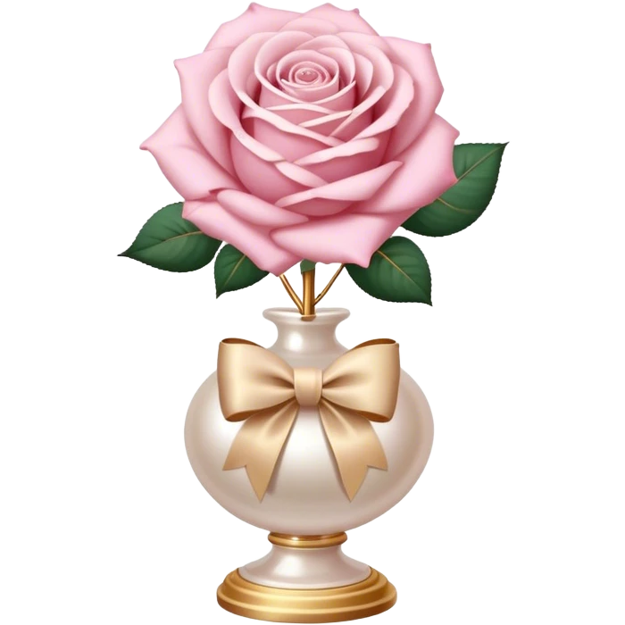Realistic aesthetic powder pink rose in a pearl vase and a beige bow with gold decoration  emoji
