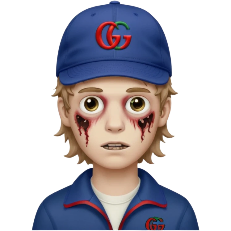 Faça um menino pálido, parecendo um Zumbi, faça esse menino com o cabelo ondulado e meio loiro, faça ele usando um boné escrito Gucci, com uma fonte pequena, e faça umas artes de Gg  emoji