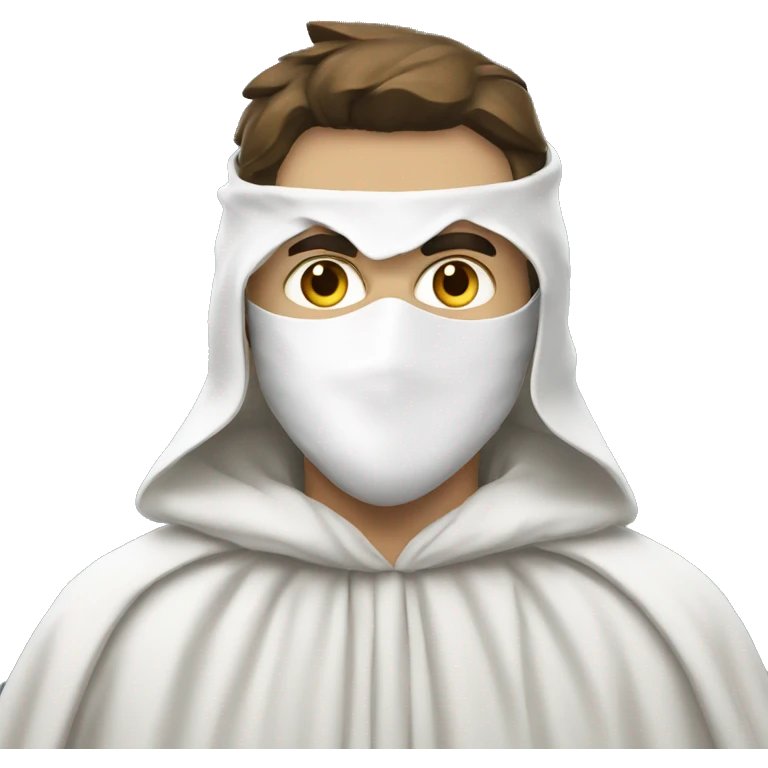 Man wearing white cloak and white mask with a point at the top emoji