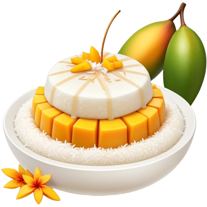 cinematic-realistic-mango-sticky-rice-dessert-emoji,-showcasing-sweet-sticky-rice out of a mould-paired-with-ripe-mango-slices-and-coconut-milk-rendered-with-lifelike-detail-and-warm,-inviting-lighting with the coconut  milk over the rice emoji