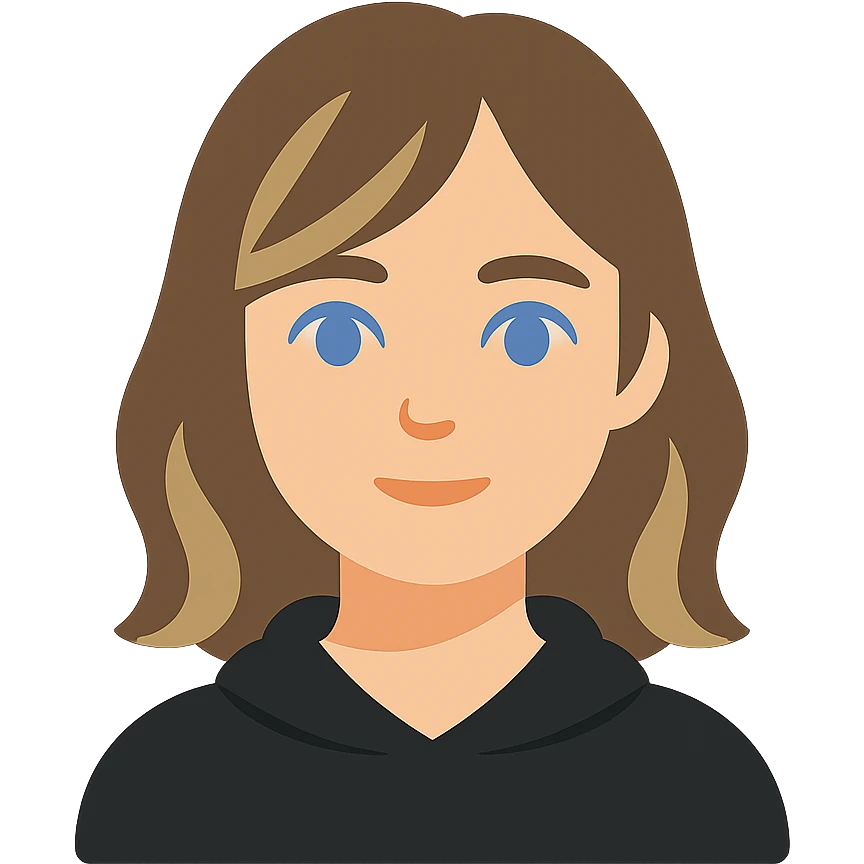 designer girl with blue eyes, shoulder-length brown hair with blonde highlights, wearing a black hoodie emoji