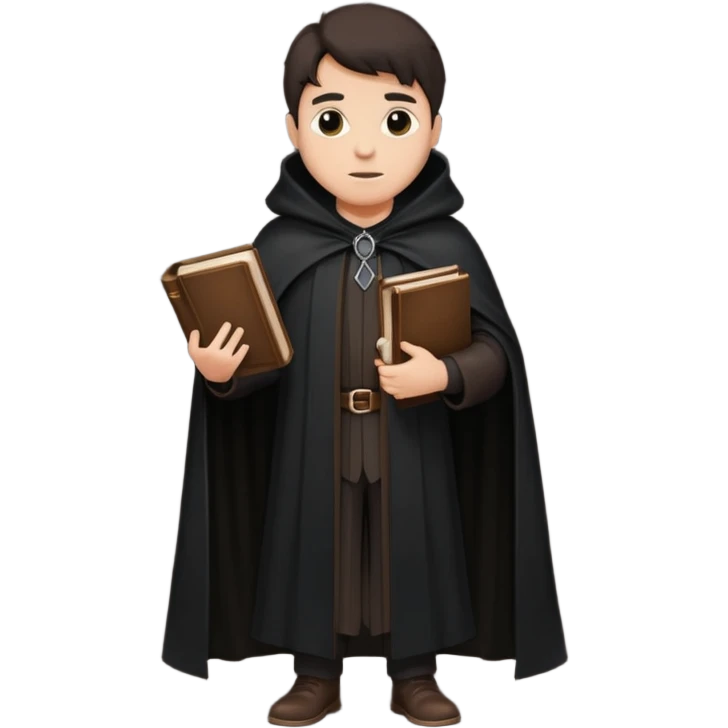 A wandering philosopher in a long black cloak with a book full height emoji