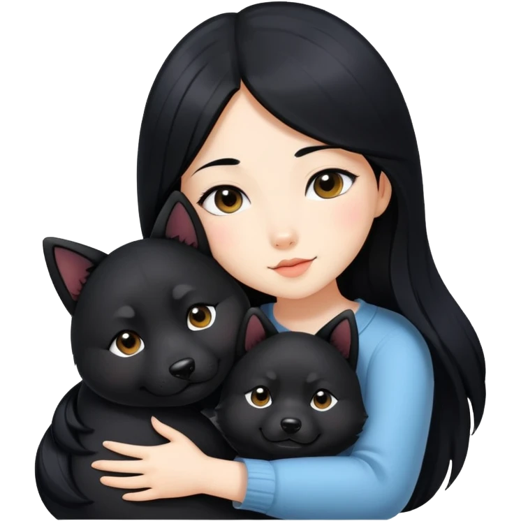 A beautiful girl with long black hair hugs a black Shiba Inu tightly emoji