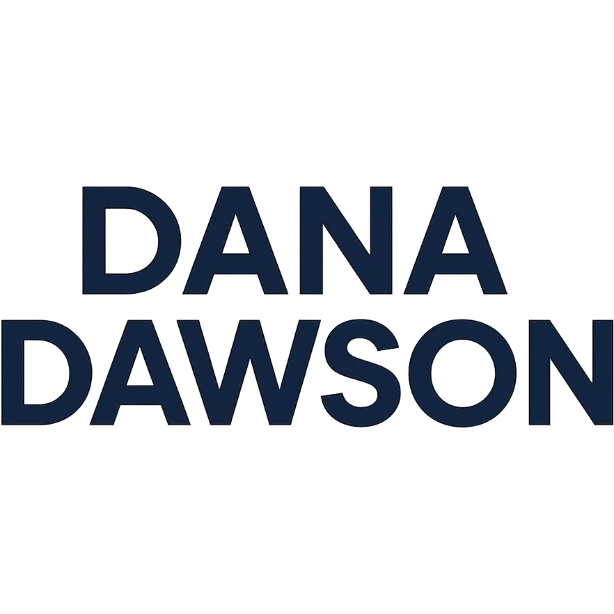 bold geometric sans-serif logo of 'Dana Dawson', modern, clean, blue accent emoji