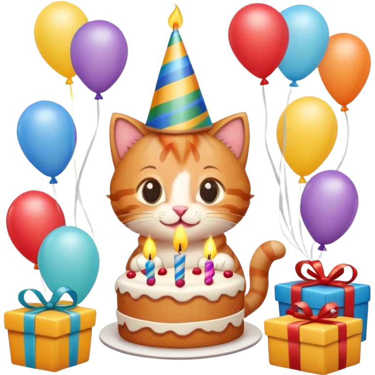 Ginger tabby kitten celebrates birthday, birthday hat, birthday cake, one candle, balloons, happy, gifts emoji