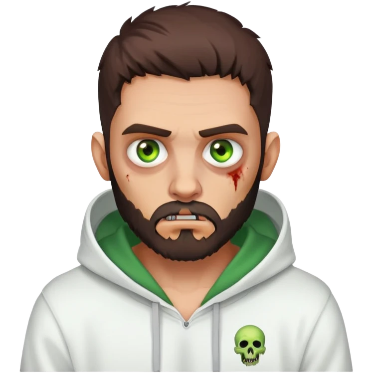 zombie making peace sign, undercut hairstyle with dark brown hair, short full beard, heterochromia with one green eye and one brown eye, wearing plain white hoodie emoji