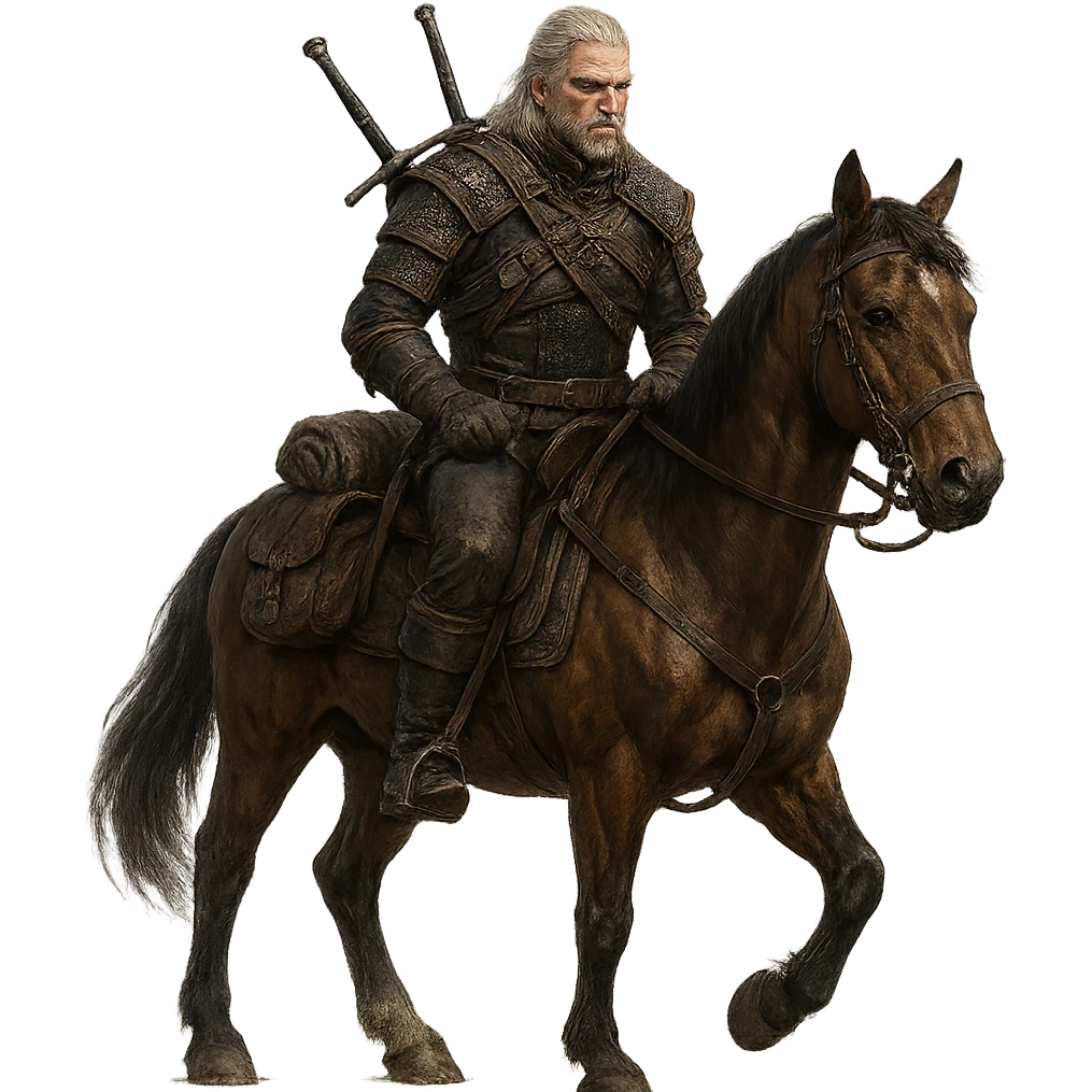 Witcher character in the style of The Witcher series, riding a horse. emoji