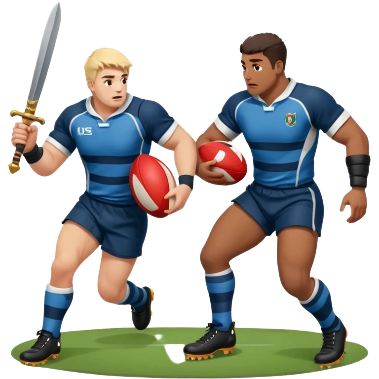 Batalla medieval protagonizada por jugadores y jugadoras de rugby con botas de rugby agarrando armamento y balones emoji