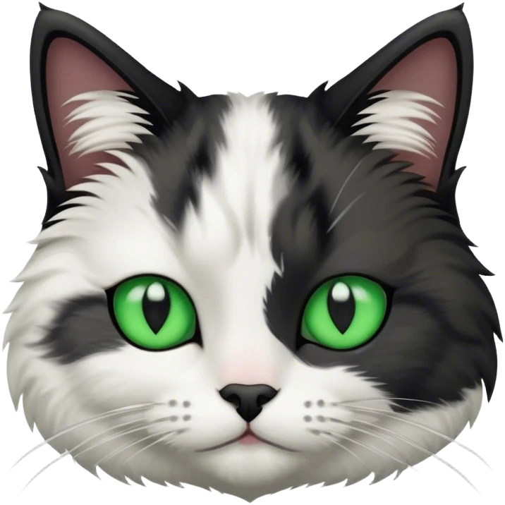 This fluffy cat has a black and white coat with a white face marked by a black patch over the forehead, bright green eyes, and a black nose bridge emoji
