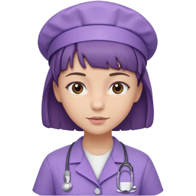 A young female slim nurse with short Brown hair with fringe over her forehead, wearing larvendar purple working cloth, without nurse cap emoji