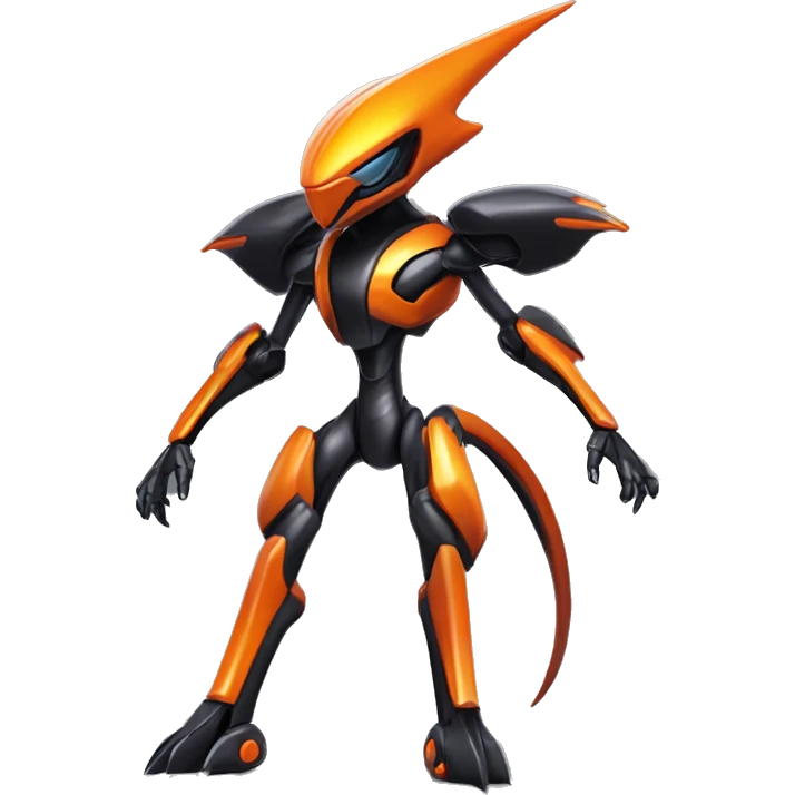 a shiny metallic black-orange Genesect-Flygon-Raptor-Fakémon-Medabot-hybrid with a futuristic visor-helmet full body emoji