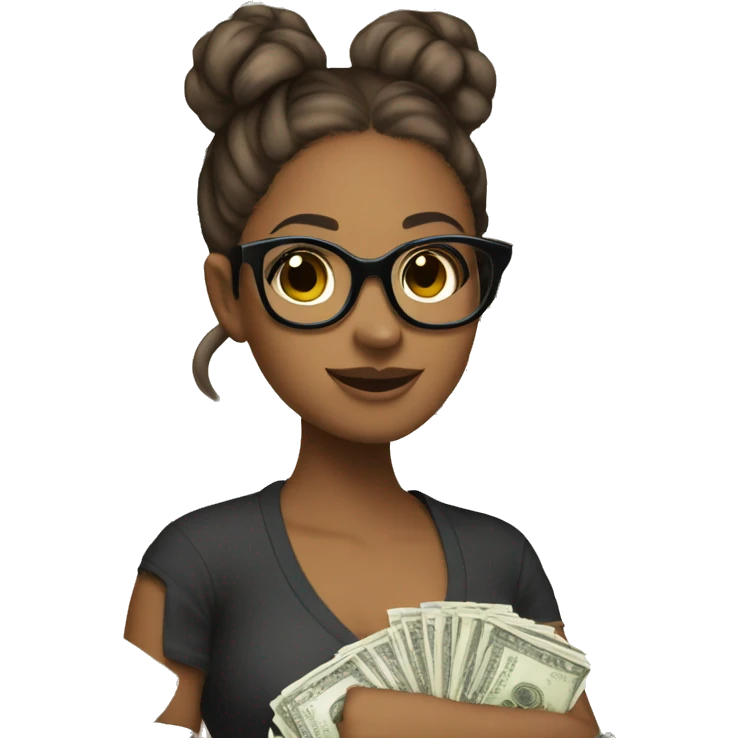 Sassy Brown girl holding money with glasses on and her hair in a bun emoji
