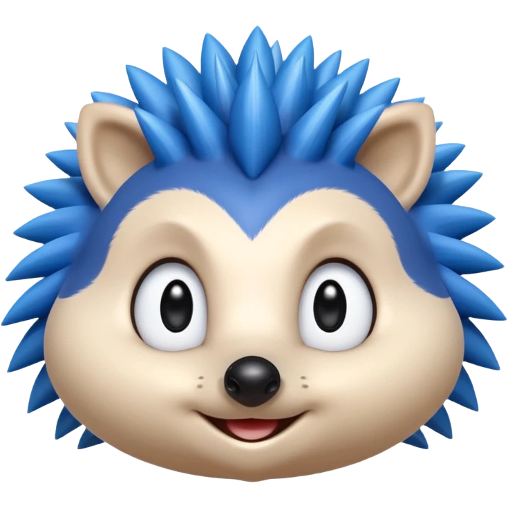 blue hedgehog emoji with long forward-facing quill spikes, smooth rounded face, large oval eyes with black pupils, small black nose, thin confident smile, 3D Apple emoji style, 1:1, clean shading, cute but energetic expression
 emoji