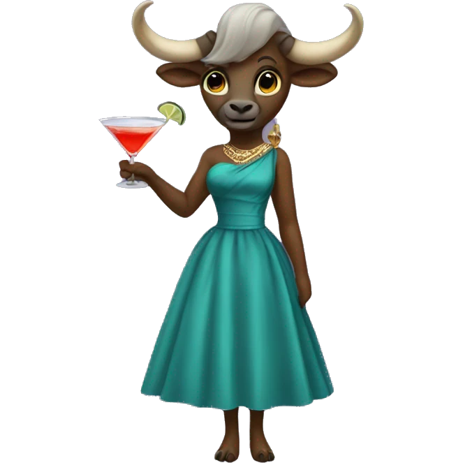 Anthropomorphic female buffalo wearing a cocktail dress emoji